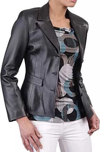 Leather Blazer Coat Jacket Women Lambskin Ladies Trench Biker Kim Fit Black
