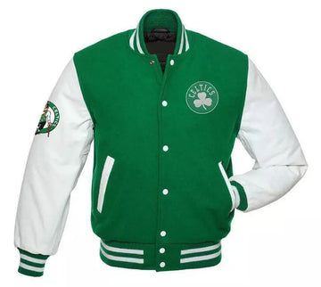 Letterman Boston Celtics Varsity Jacket - White & Green - Sheep Leather Sleeves green and white - NBA