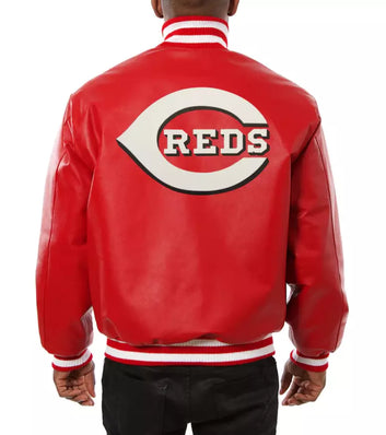 Men Cincinnati Reds Letterman Varsity Jacket Red Genuine Sheep Leather Baseball - MLB