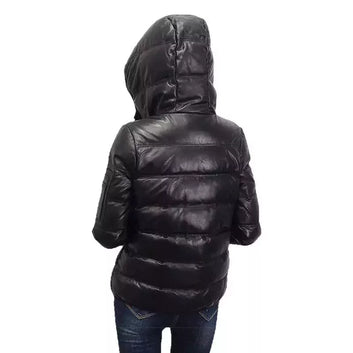 NEW Black Genuine Hooded Womens Leather Puffer Jacket