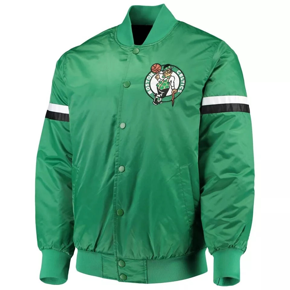 Men Boston Celtics Green Satin Bomber Letterman Varsity Jacket - NBA