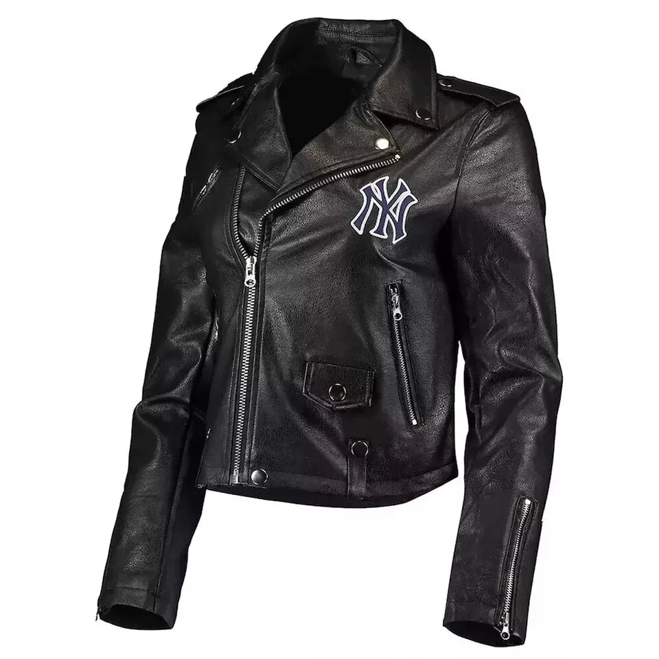 Biker NY Yankees Black Leather Jacket Genuine Soft Sheepskin