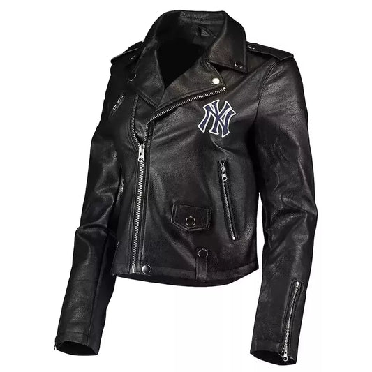 Biker NY Yankees Black Leather Jacket Genuine Soft Sheepskin