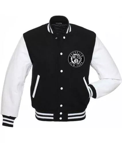 Letterman Brooklyn Nets NBA Varsity Jacket Black and White