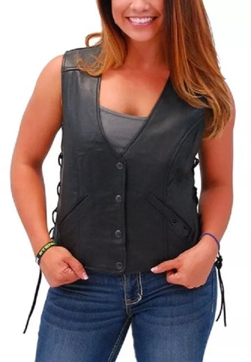Genuine Sheepskin Fashion Women Leather vest - Black