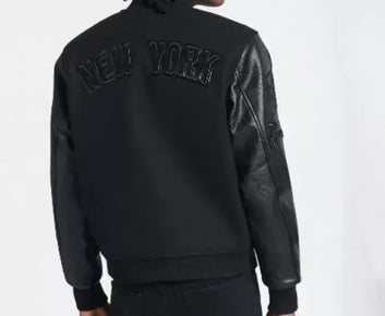 Men Letterman NY Yankees Black Varsity Jacket With Leather Sleeves - MLB