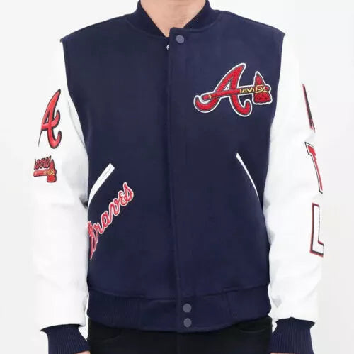 Men Letterman Atlanta Braves Wool Varsity Jacket With Leather Sleeves - MLB