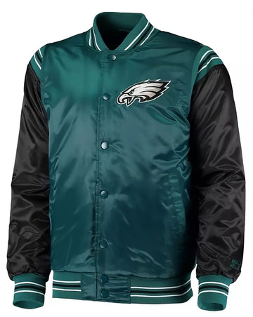 Philadelphia Eagles Full Snap Satin Varsity Jacket Embroidery logos green and black - NFL