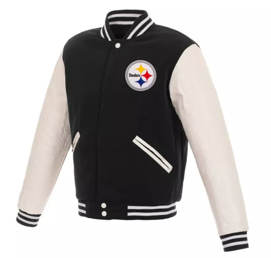 Letterman Pittsburgh Steelers Varsity Jacket Wool with Real Leather Sleeves -NFL black and white