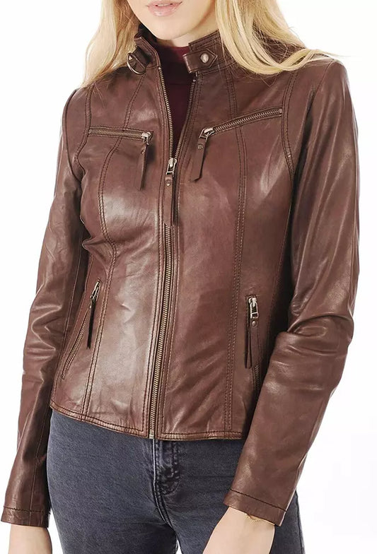 Leather Jacket Women Biker Motorcycle Women Soft Fit Size Real Brown