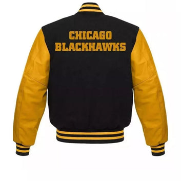 Chicago Blackhawks NHL Varsity Jacket Wool & Genuine Leather Sleeves black and yellow