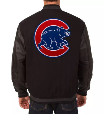 Men Chicago Cubs Letterman Varsity Jacket Black Wool  Genuine Leather Sleeves - MLB
