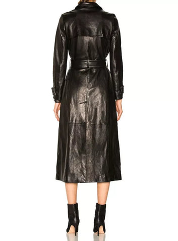 Black Leather Trench Coat For Women's Genuine Soft Lambskin Long Overcoat Jacket