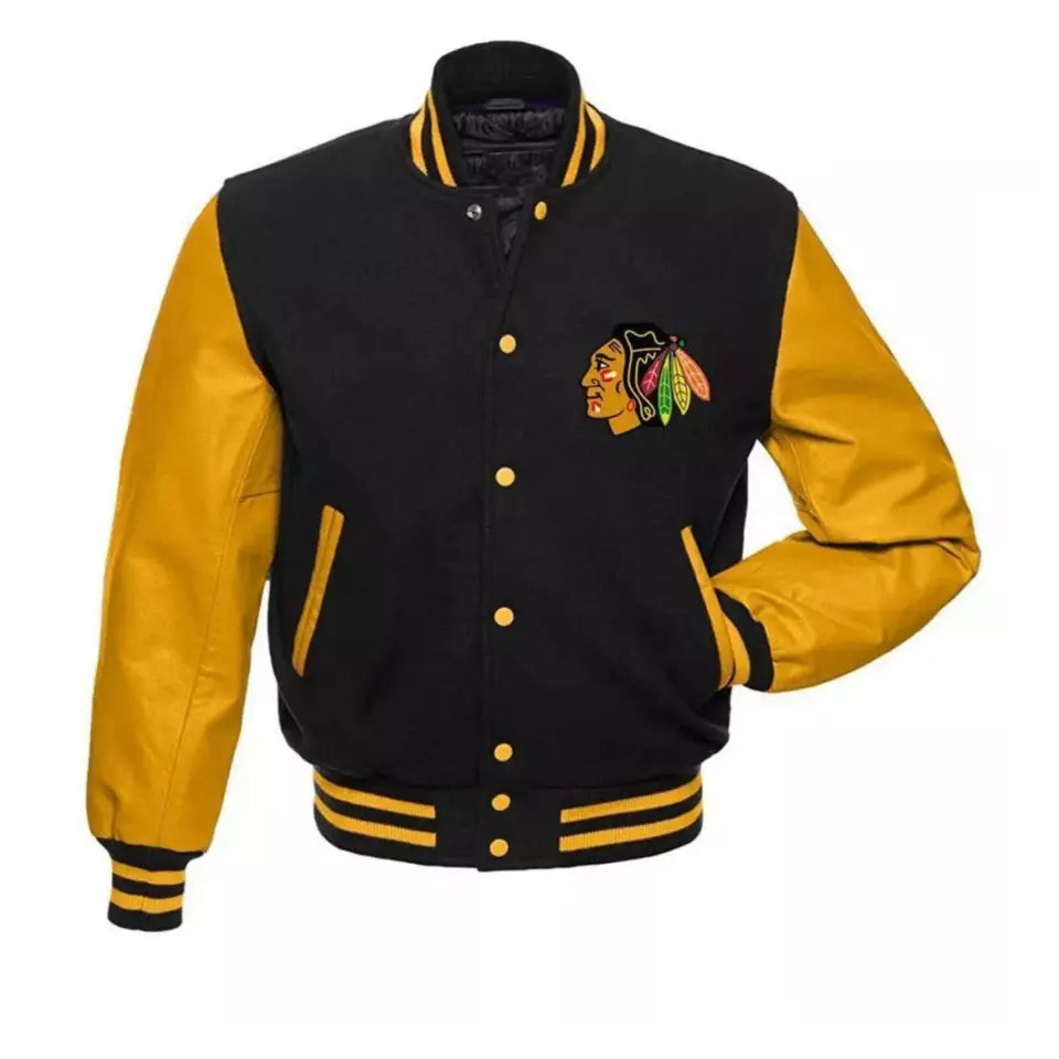 Chicago Blackhawks NHL Varsity Jacket Wool & Genuine Leather Sleeves black and yellow