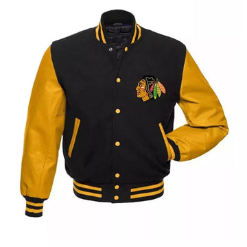 Chicago Blackhawks NHL Varsity Jacket Wool & Genuine Leather Sleeves black and yellow
