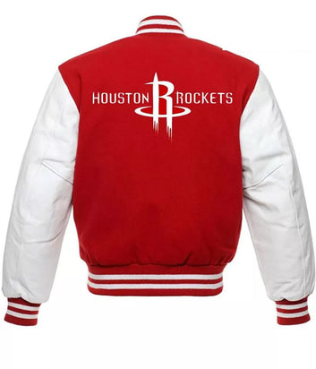 Letterman Houston Rockets Varsity Jacket Red Wool & White Genuine Leather Sleeve - NBA