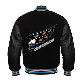 Letterman Washington Capitals Black Wool & Leather Bombers Varsity Jacket Women