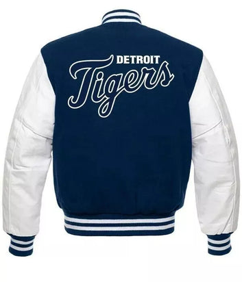 Men Letterman Detroit Tigers Blue and White Varsity Jacket with Leather sleeves - MLB
