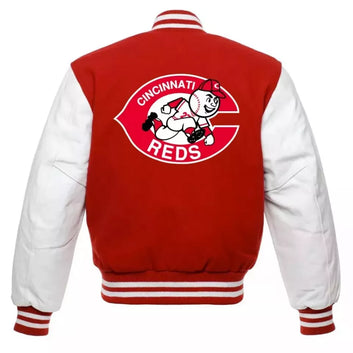 Cincinnati Reds Letterman Red Wool & White Leather Sleeves Varsity Jacket-MLB