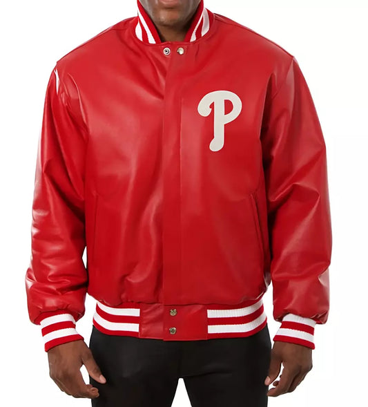 Men Philadelphia Phillies Letterman Varsity Jacket Red Genuine Leather Jacket - MLB