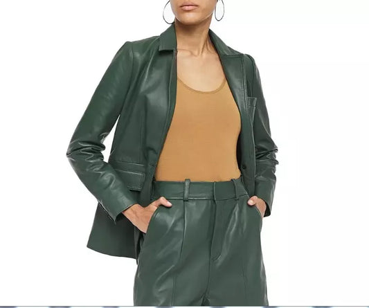 Leather Blazer Coat Women Lambskin Ladies  Biker Kim Fit Green