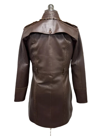 Ladies Leather Trench Coat Women's Real Lambskin Leather Brown  Overcoat