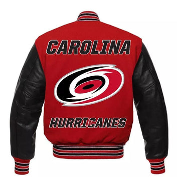 Carolina Hurricanes Black and Red Varsity Jacket With Genuine Leather Sleeves - NHL
