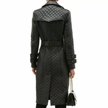 Women Leather Trench Coat Double Breasted Leather Dress Quilted Steam Punk Dress
