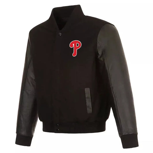 Men Philadelphia Phillies Black Varsity Jacket With Genuine Leather Sleeves - MLB