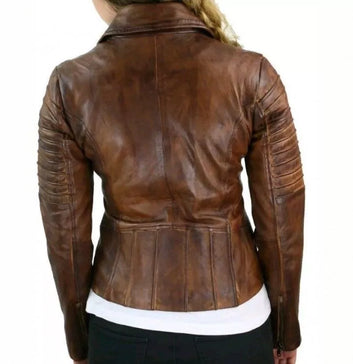 Women Cafe Racer Distressed Brown Slim Fit Moto Biker Leather Jacket
