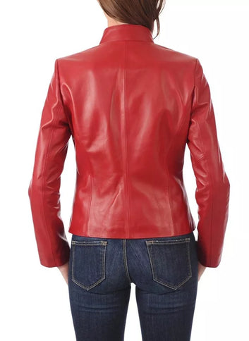 Leather Jacket Women  Red  Women Motorcycle Biker Coat Slim Fit