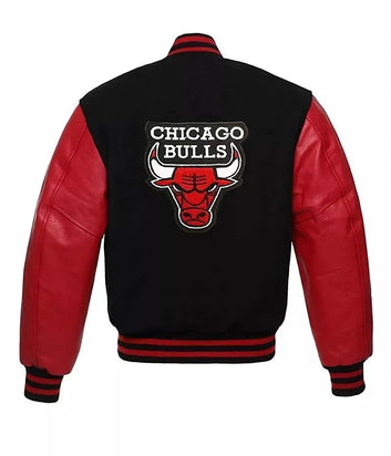 CHICAGO BULLS NBA FANS LETTERMAN VARSITY JACKET WITH GENUINE LEATHER SLEEVES red and black - NBA