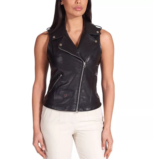 Vest Leather Jacket Women Genuine  Coat Biker Sheepskin Fashion  Black