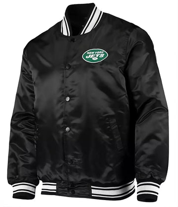 New York Jets Black Satin Varsity Jacket full-snap With Embroidery logos - NFL