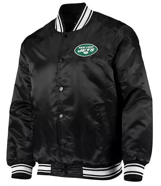 New York Jets Black Satin Varsity Jacket full-snap With Embroidery logos - NFL