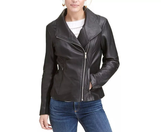 Leather Jacket Women Biker Motorcycle Women Soft  Fit Size Real Black