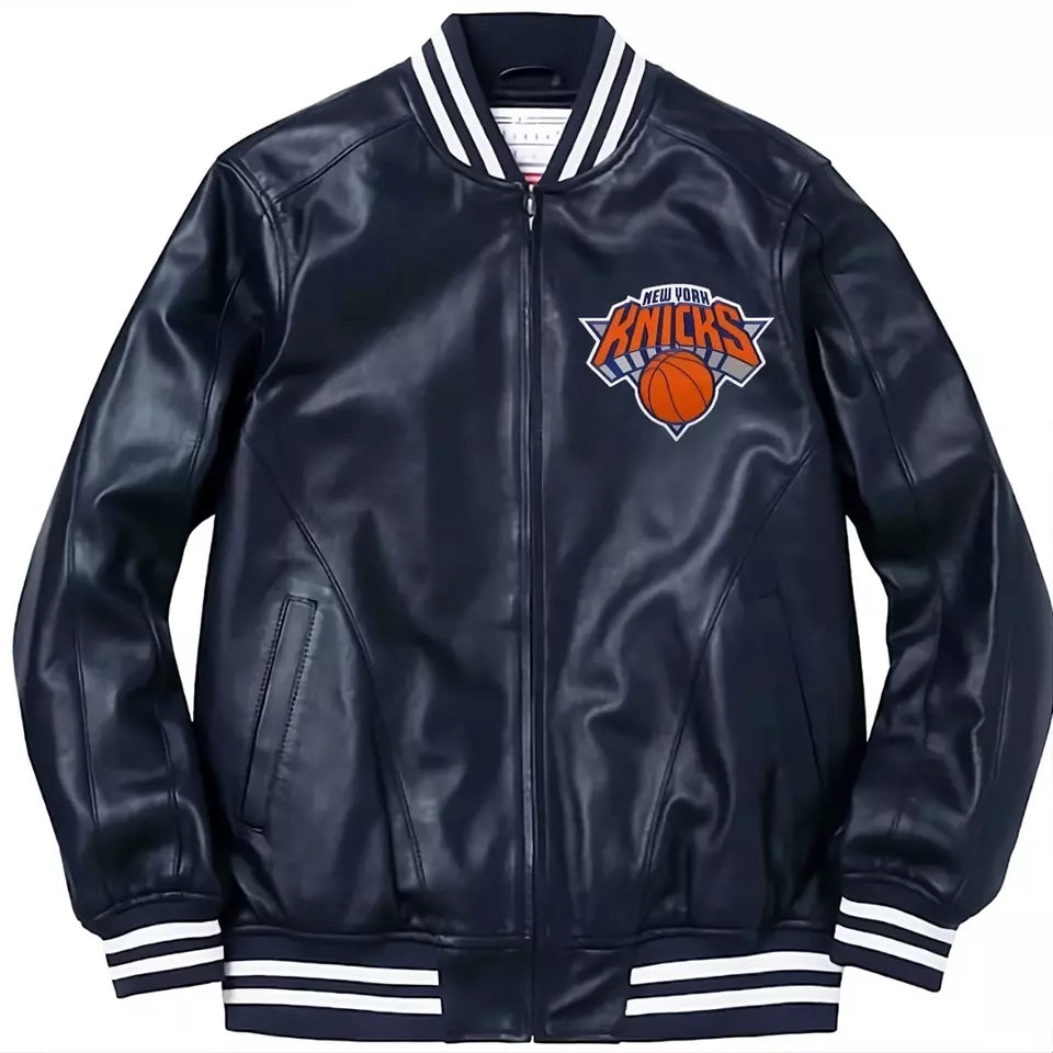 Letterman New York Knicks Navy blue Genuine Sheep Leather Varsity Jacket - NBA