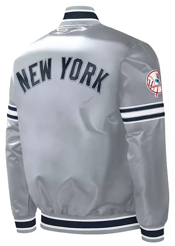 Women Gray New York Yankees Slider Satin Full-Snap Varsity Jacket - MLB