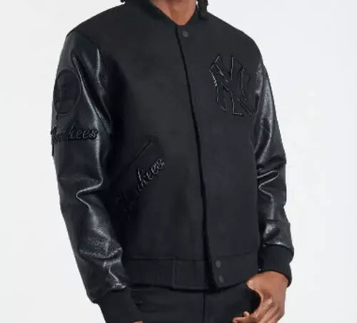 Men Letterman NY Yankees Black Varsity Jacket With Leather Sleeves - MLB
