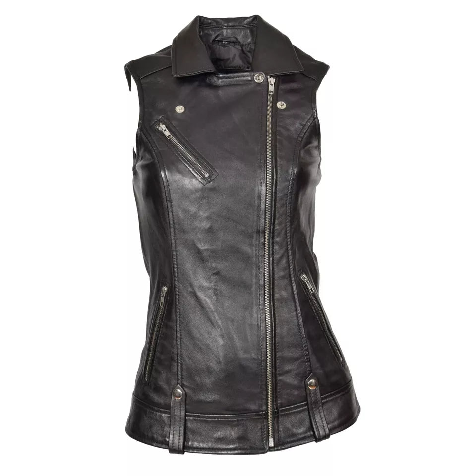 Leather Vest Women Jacket Motorcycle Size Biker Club Womens Gun Pockets Black