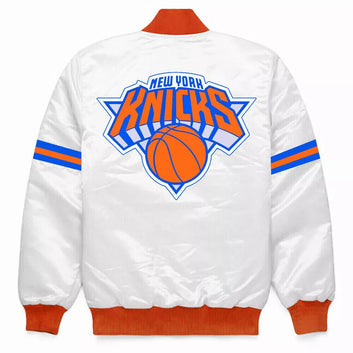 Men  New York Knicks White Satin College Bomber Varsity Jacket - NBA
