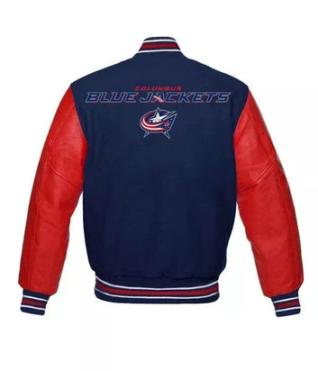 Columbus Blue Jackets Lettermen Varsity Jacket With Genuine Leather Sleeves blue and red