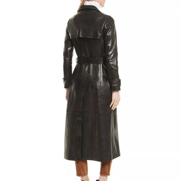 Black Leather Trench Coat Women's Genuine Lambskin Long Overcoat Winter Jacket