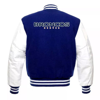 Denver Broncos Letterman Varsity Jacket Wool with Genuine Leather Sleeves blue and white