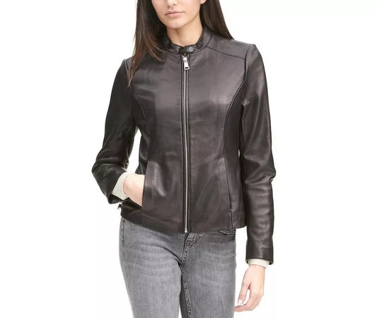 Leather Jacket Women Biker Motorcycle Women Soft Fit Size Real Black