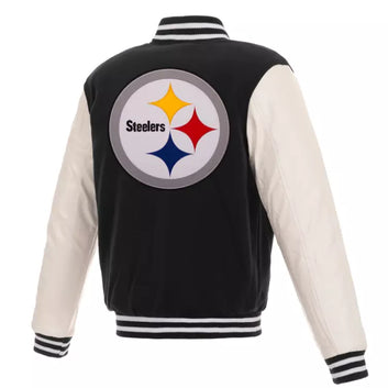 Letterman Pittsburgh Steelers Varsity Jacket Wool with Real Leather Sleeves -NFL black and white