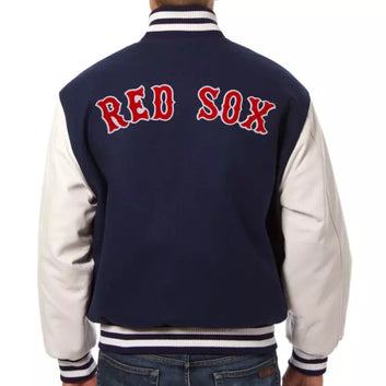 Men Boston Red Sox Navy Letterman Varsity Jacket Wool White Genuine with Leather Sleeves- MLB