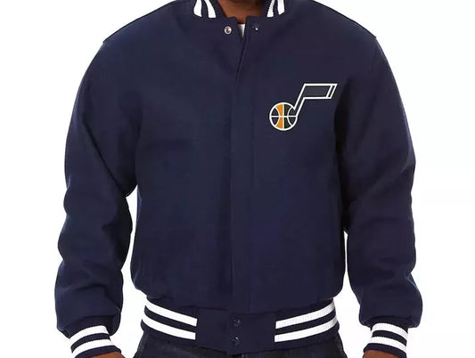 Men Utah Jazz Navy Blue All Wool Letterman Varsity Jacket with Embroidered Logos - NBA
