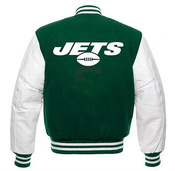 New York NY JETS Letterman Varsity Jacket Wool with Genuine Leather Sleeves green and white - NFL