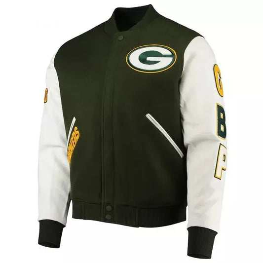 Men Letterman Green Bay Packers Green and White Varsity Jacket - NFL